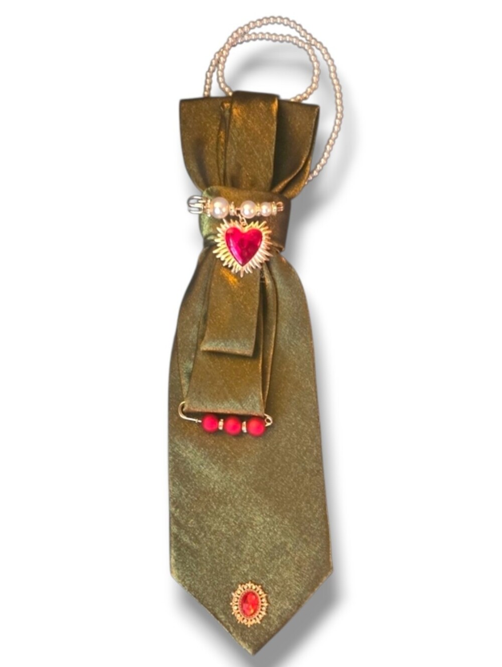 3/$60 Olive Green Gold Metallic Satin Cravat with Red Heart Jewel Accent